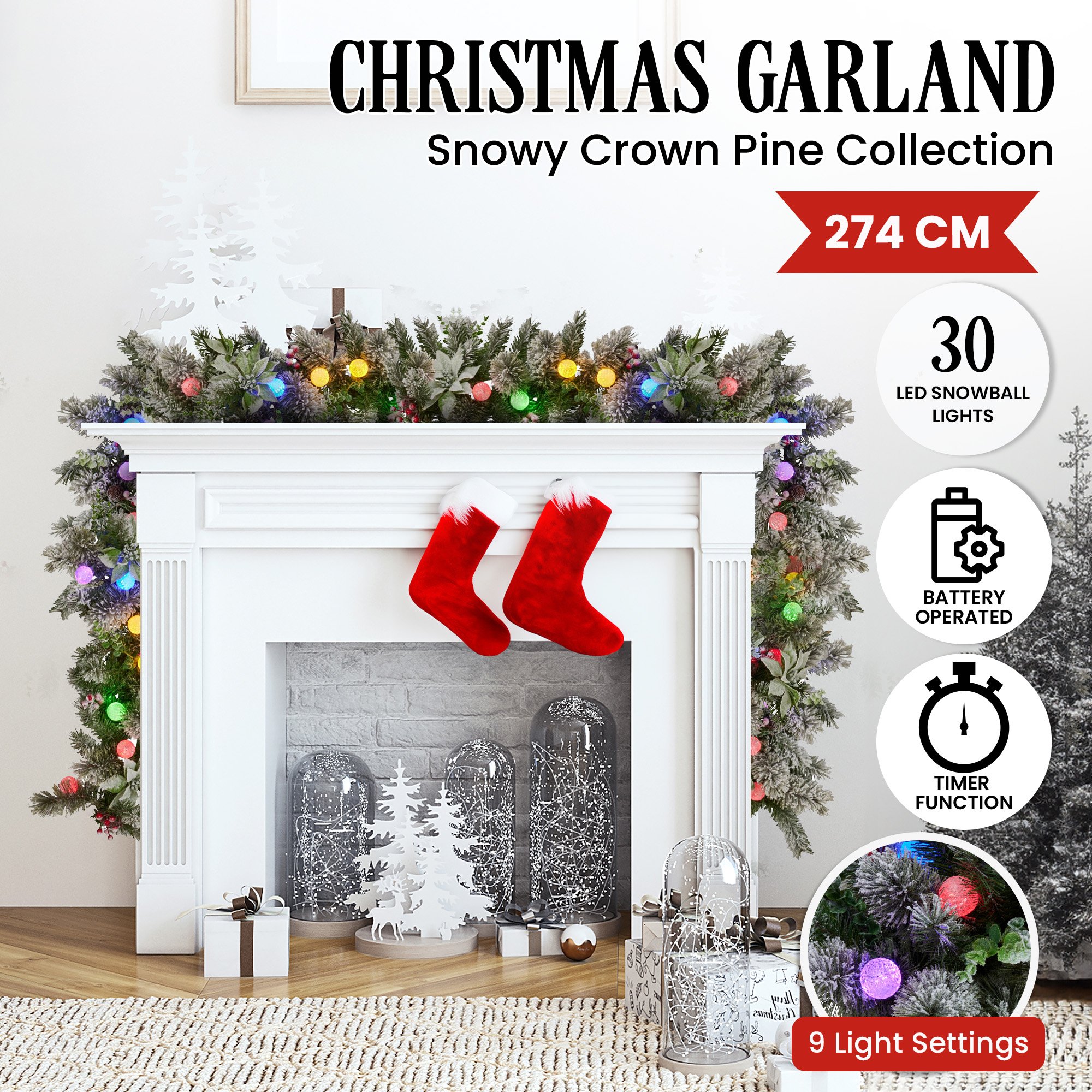Christabelle 2.7m Snowy Christmas Garland w/ LED Coloured Baubles Lights Tree