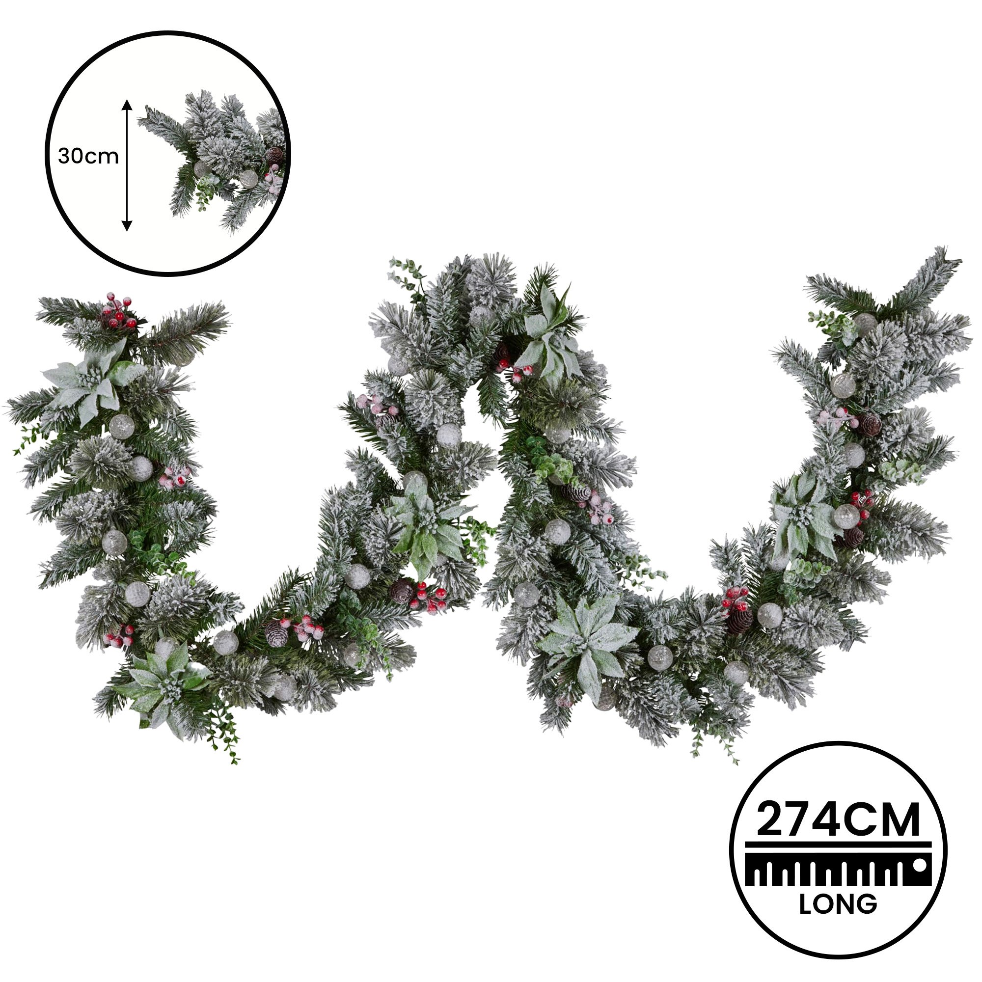 Christabelle 2.7m Snowy Christmas Garland w/ LED Coloured Baubles Lights Tree