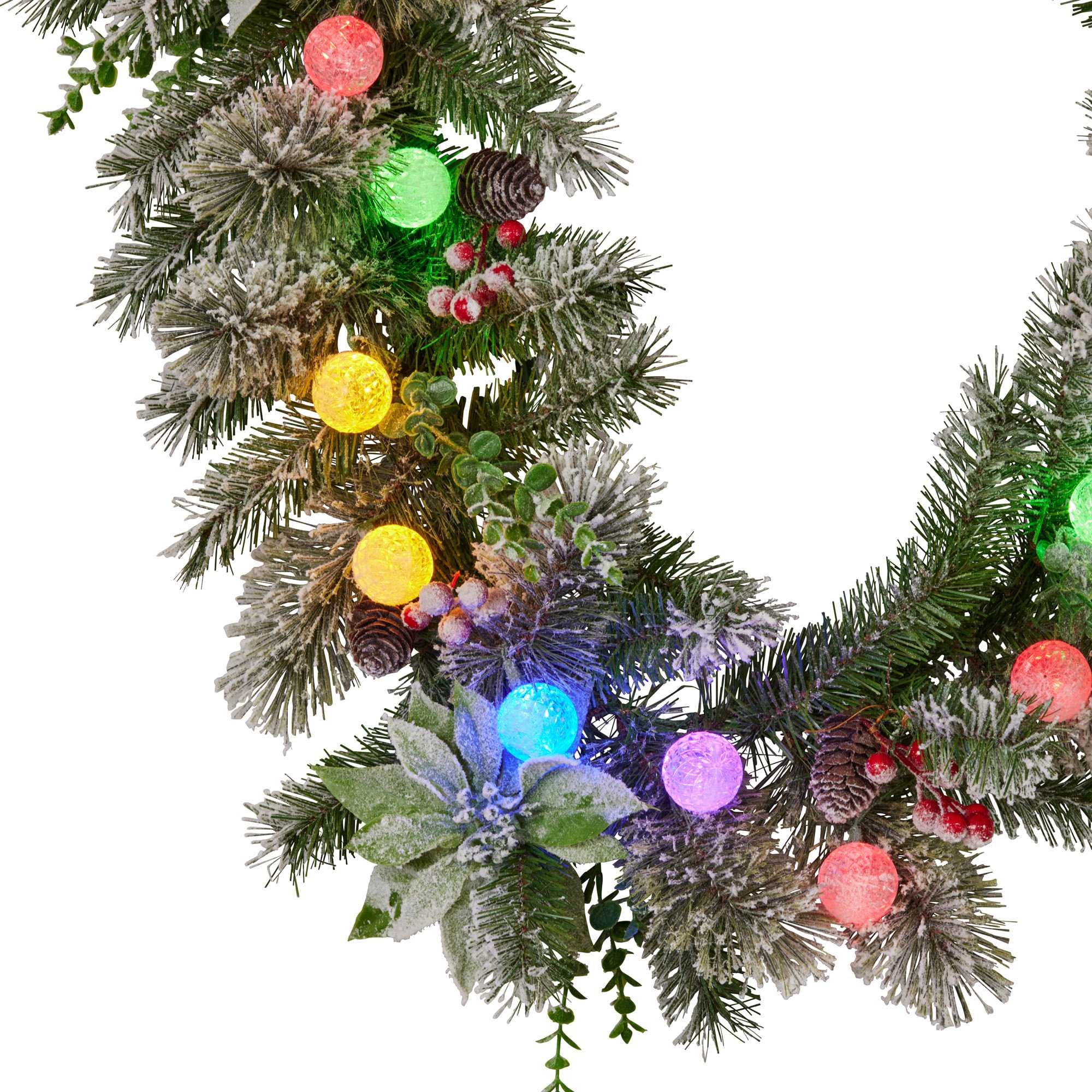 Christabelle 2.7m Snowy Christmas Garland w/ LED Coloured Baubles Lights Tree