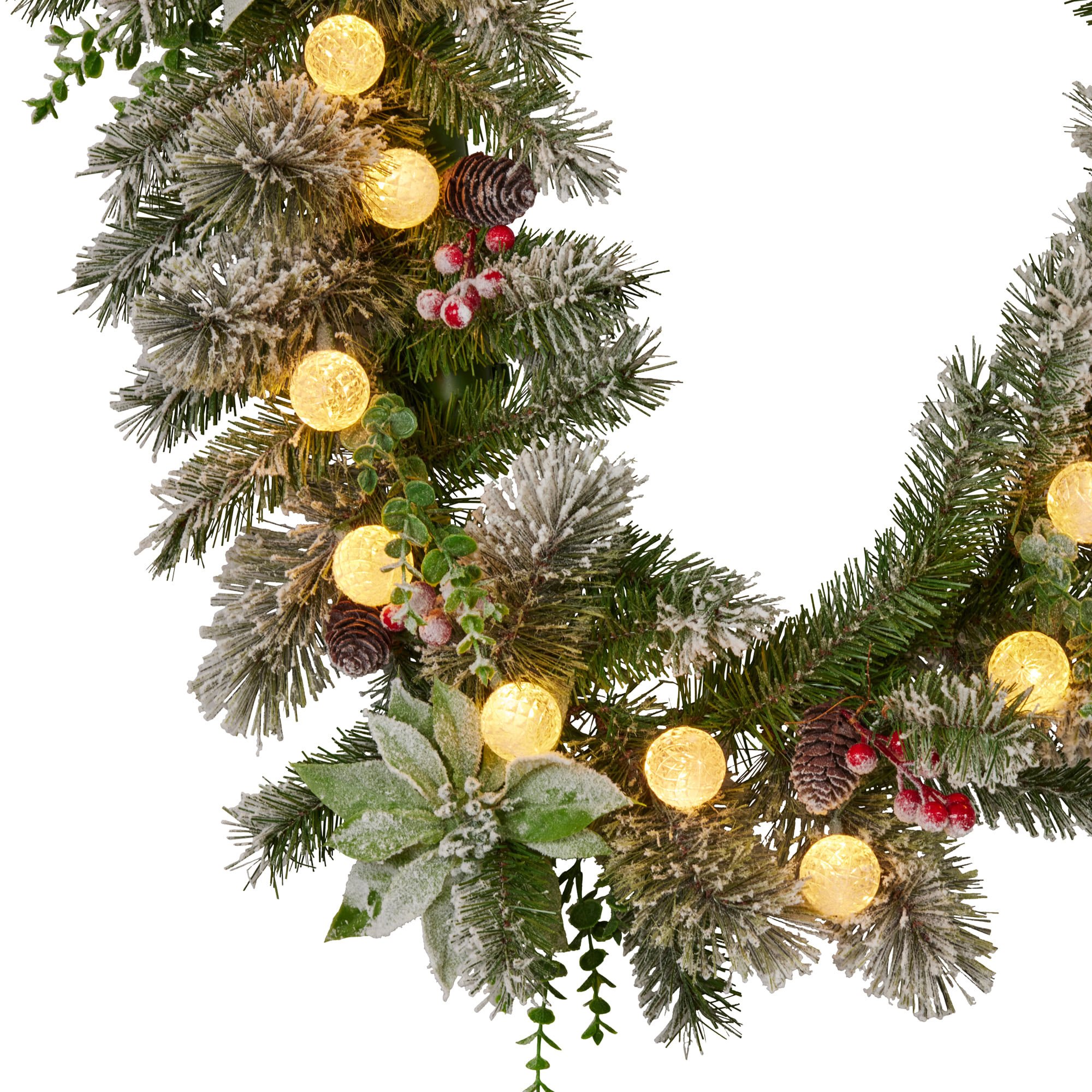 Christabelle 2.7m Snowy Christmas Garland w/ LED Coloured Baubles Lights Tree