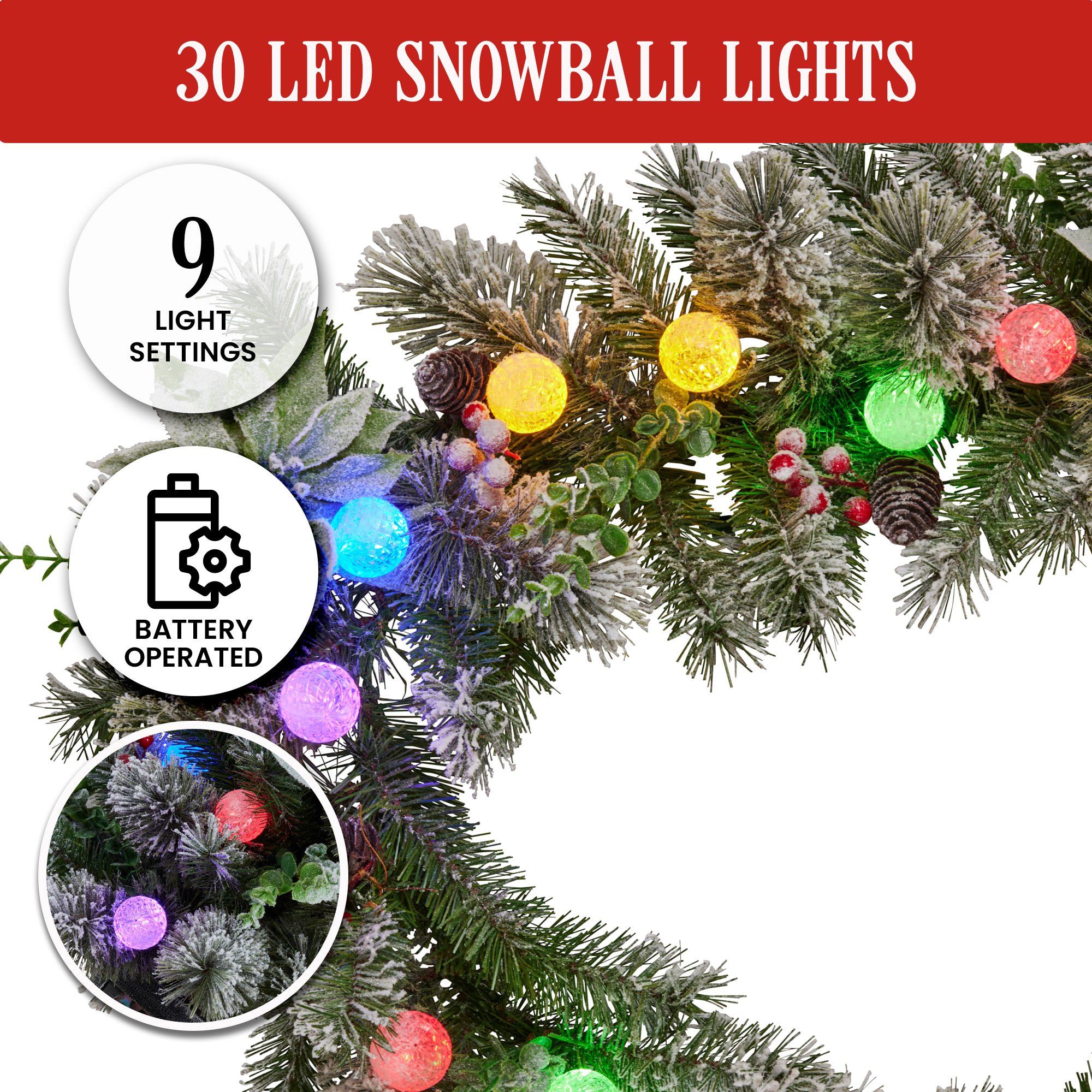 Christabelle 2.7m Snowy Christmas Garland w/ LED Coloured Baubles Lights Tree