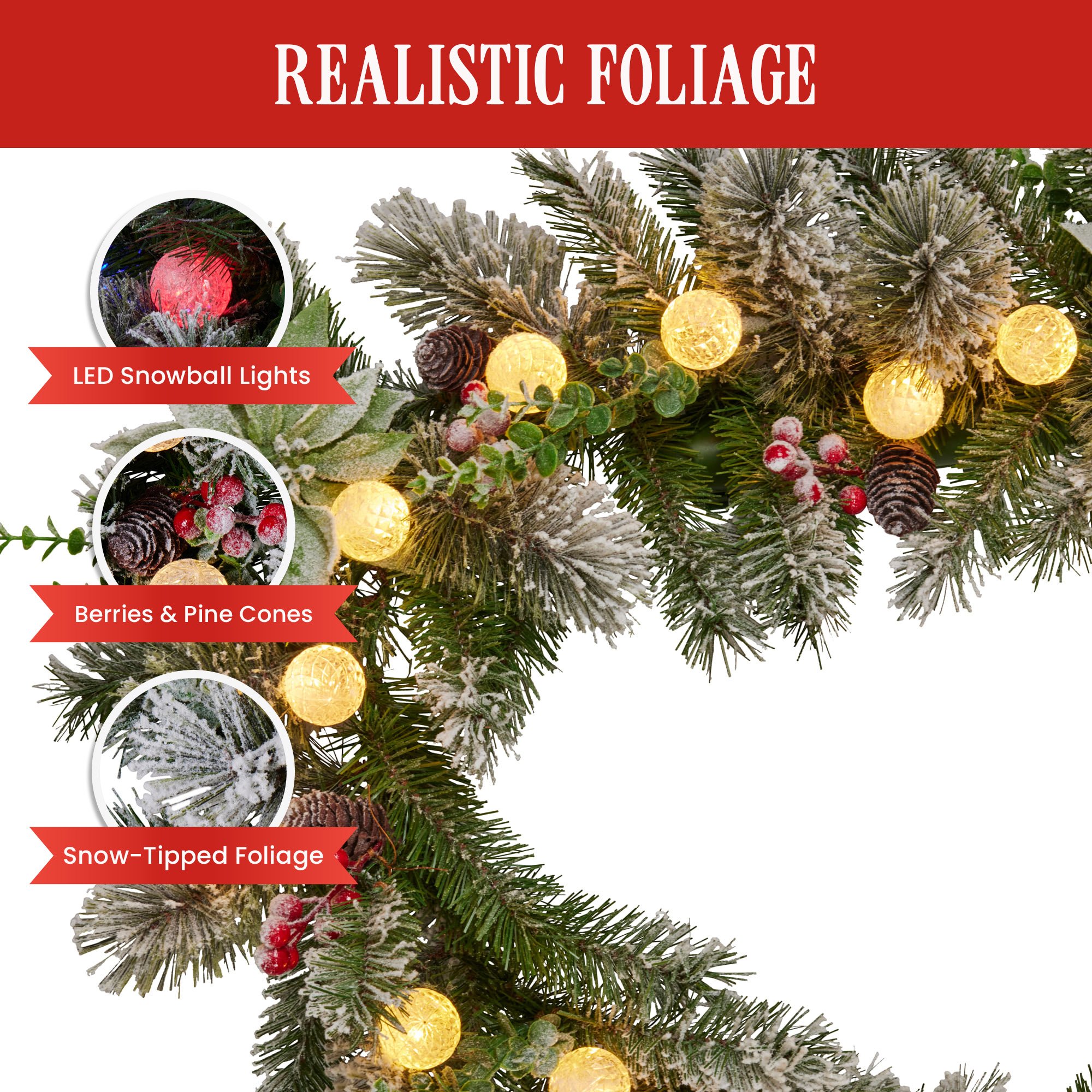 Christabelle 2.7m Snowy Christmas Garland w/ LED Coloured Baubles Lights Tree