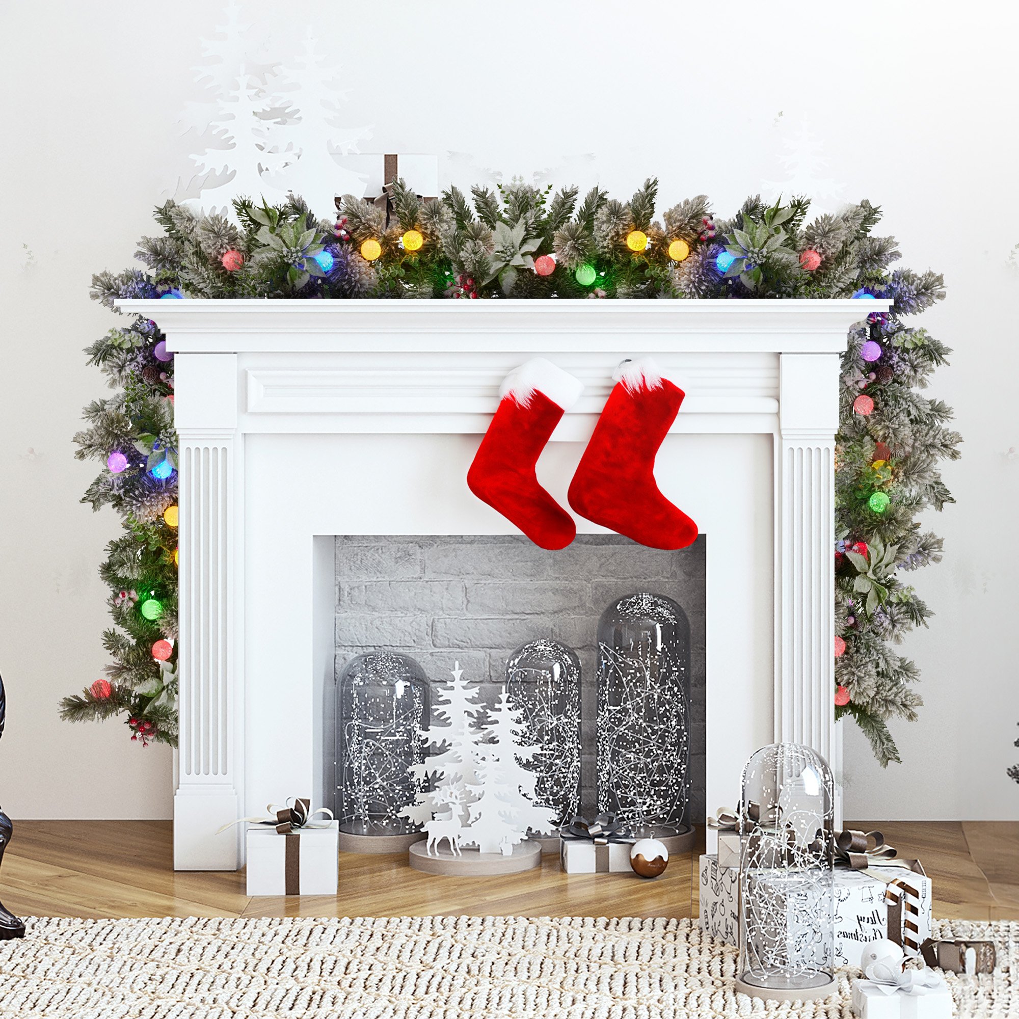 Christabelle 2.7m Snowy Christmas Garland w/ LED Coloured Baubles Lights Tree