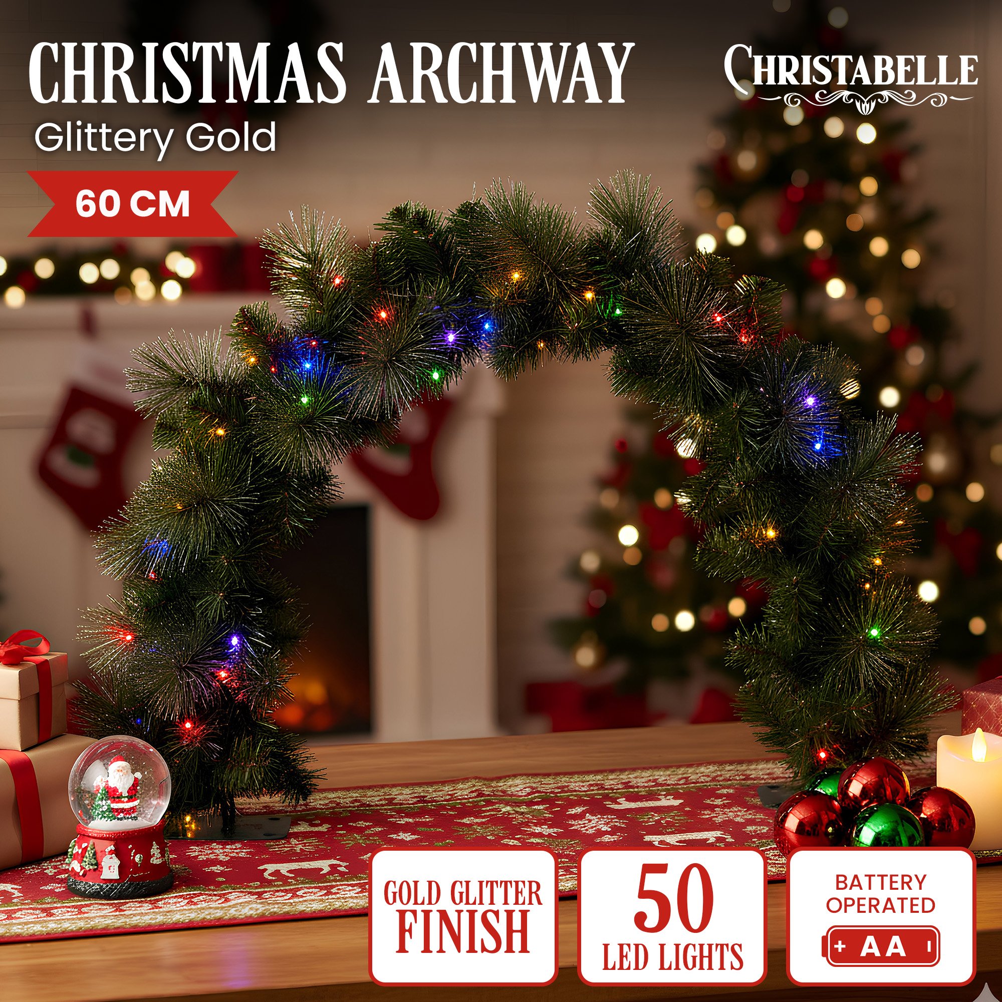 Christabelle 60cm Tabletop Christmas Archway Garland w/ LED Lights Gold Mantle