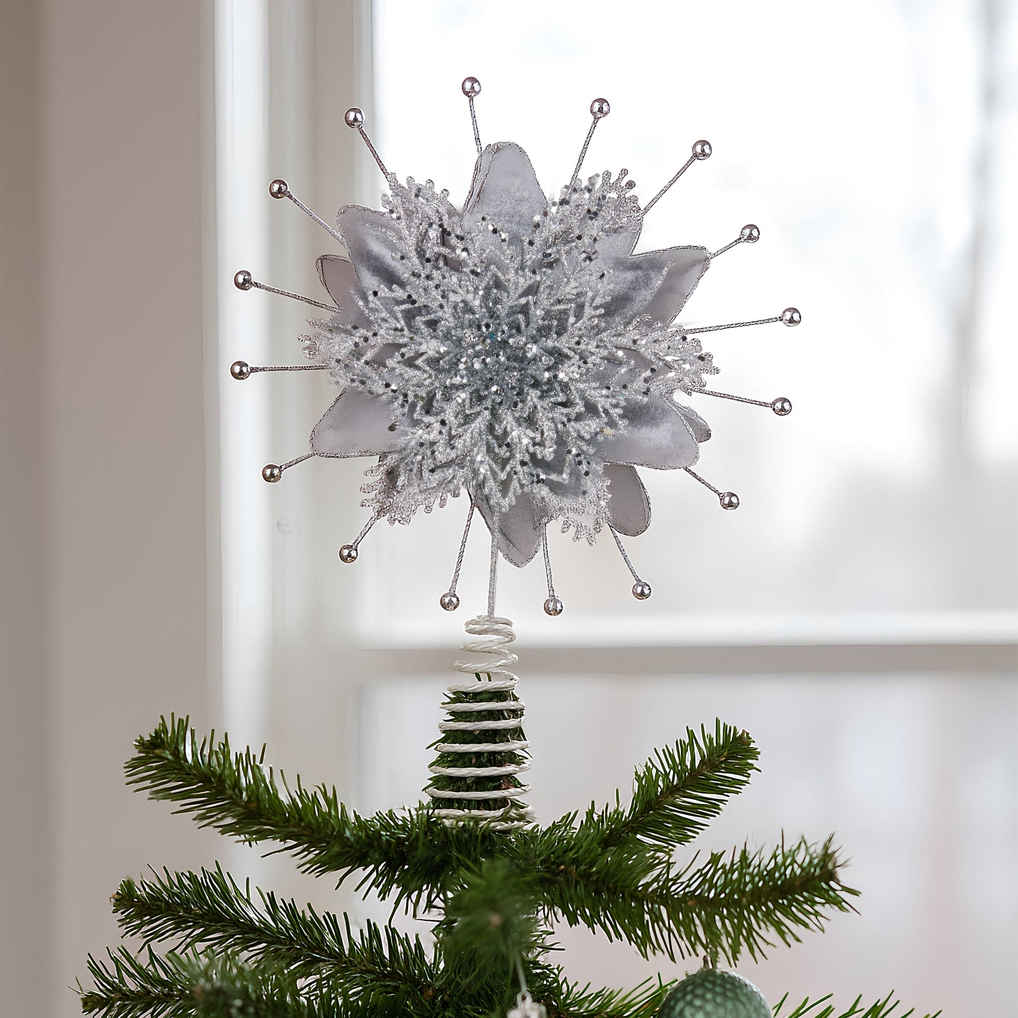 Christabelle Christmas Tree Topper Poinsettia Decoration Ornament Silver Petals