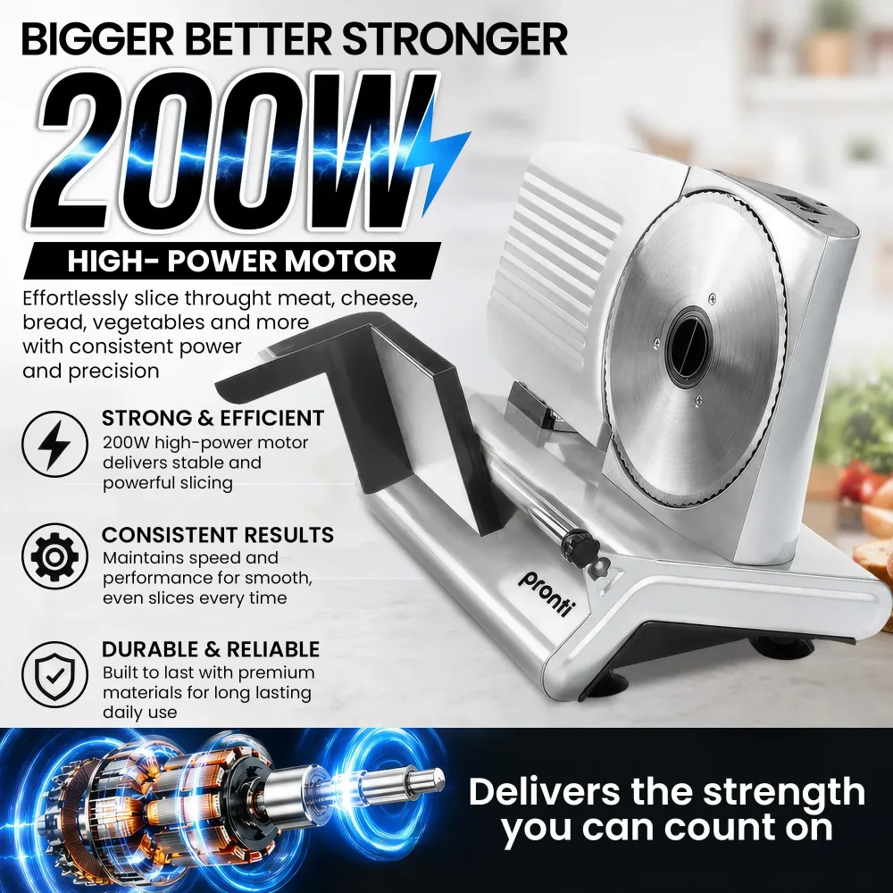 Pronti White Electric Food Slicer 200W w/ Adjustable Thickness 1 to 15mm