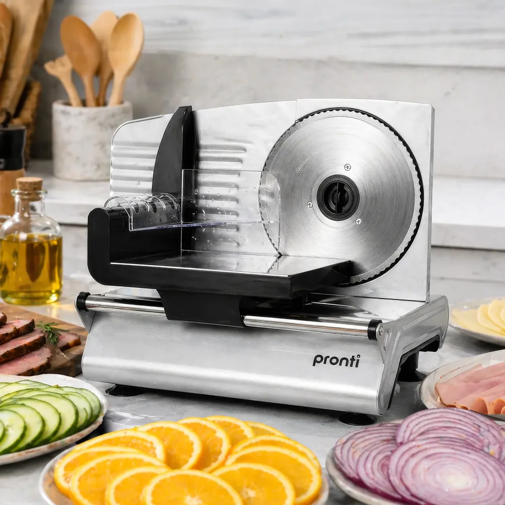 Pronti White Electric Food Slicer 200W w/ Adjustable Thickness 1 to 15mm