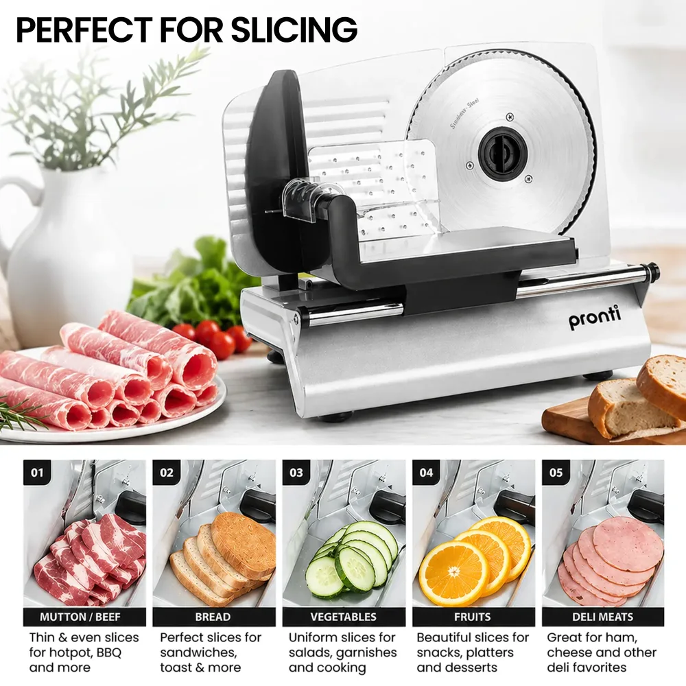 Pronti White Electric Food Slicer 200W w/ Adjustable Thickness 1 to 15mm