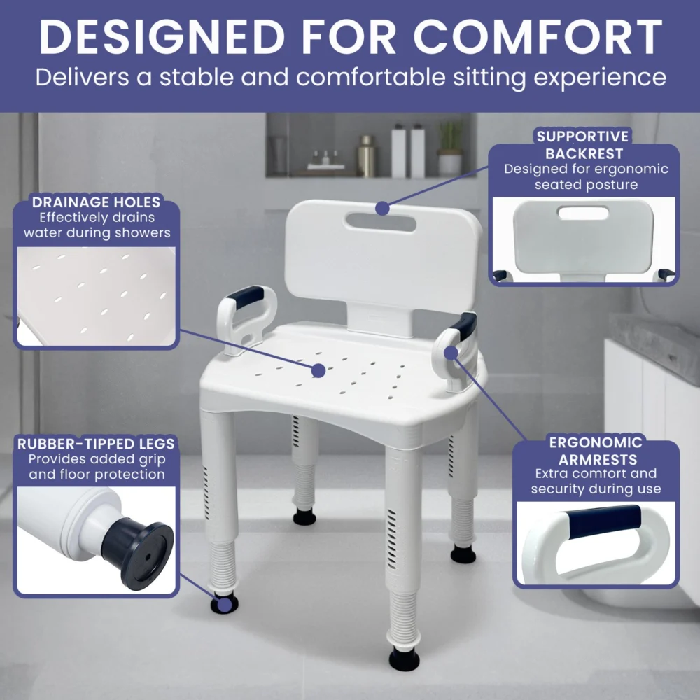 Orthonica Adjustable Shower Chair w/ Armrests Non-Slip Bath Seat Stool for