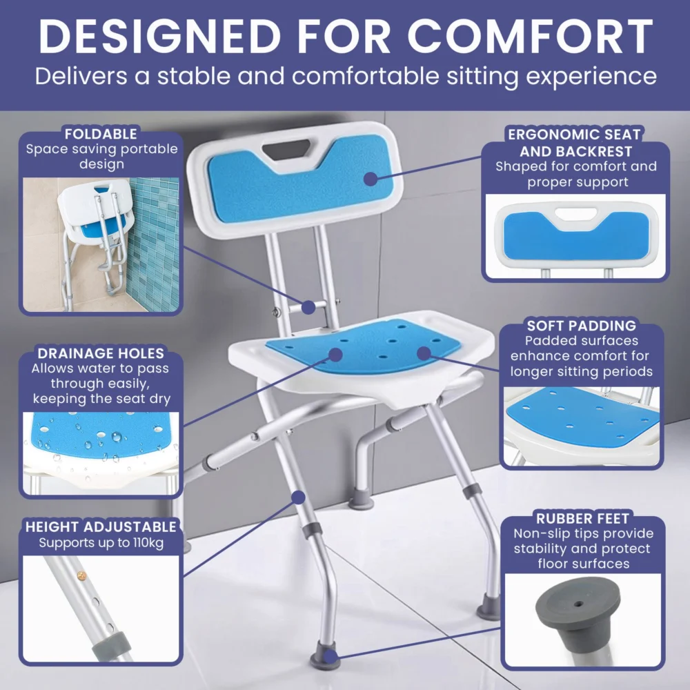 Orthonica Compact & Foldable Commode Shower Chair w/Height Adjustable Aluminium