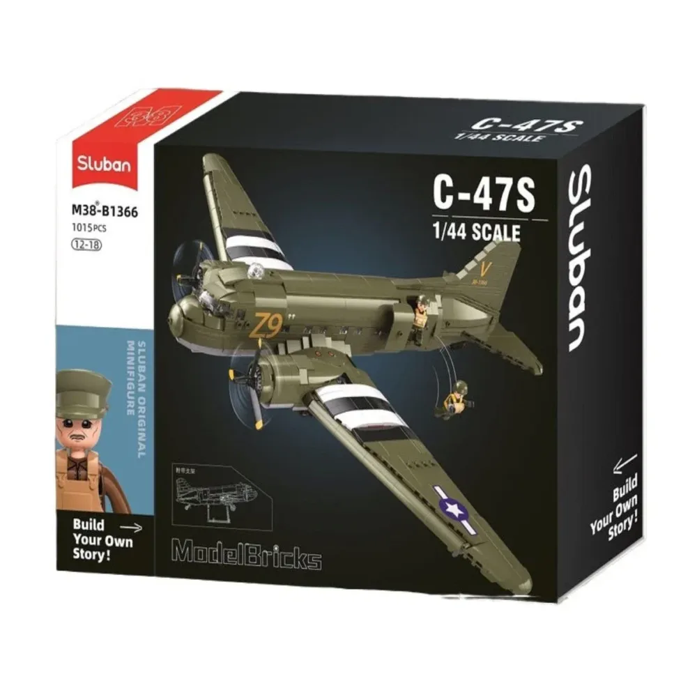 Sluban B1366 Model Kit 1:44 C47 Skytrain Airtrain Cargo Transport Aircraft WWII