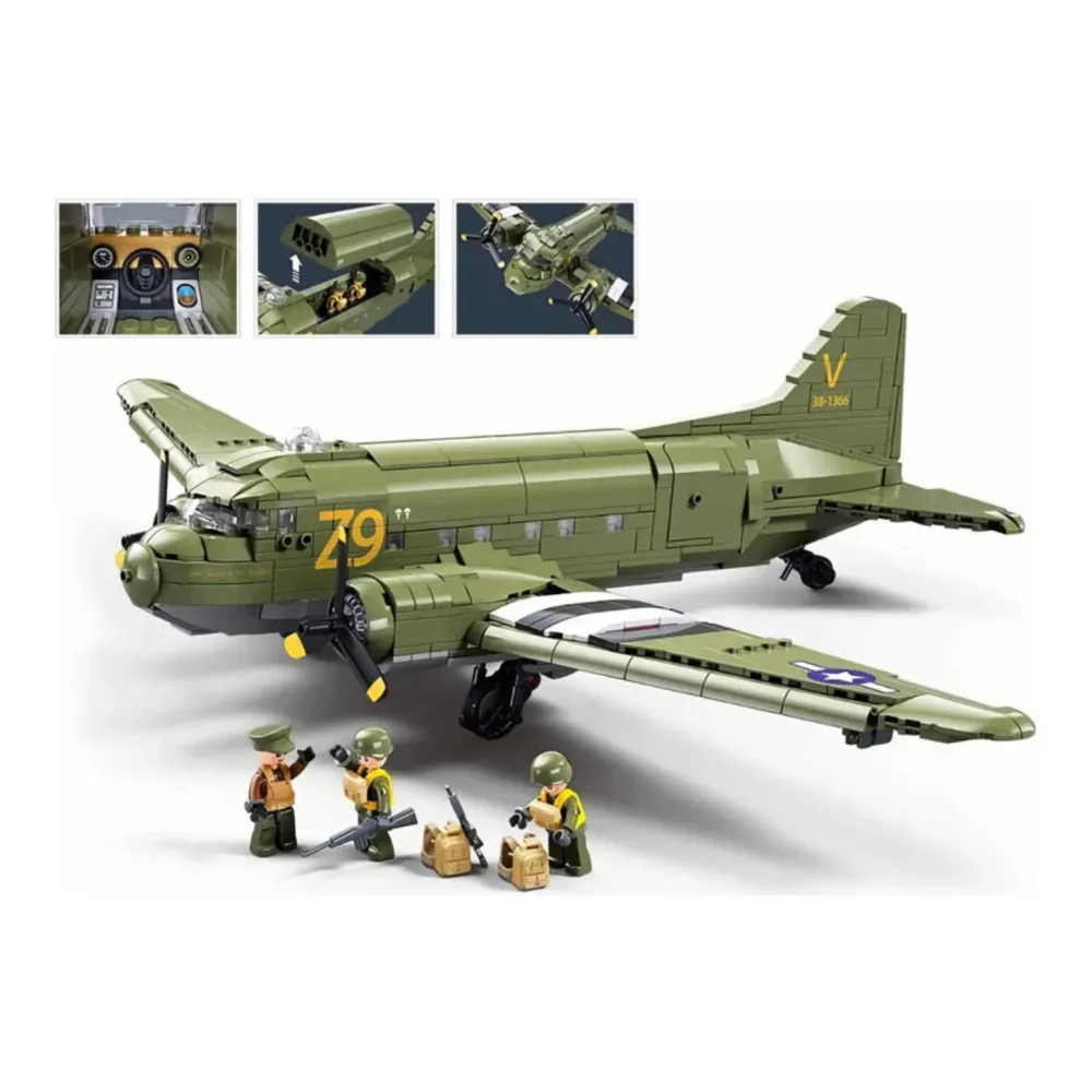 Sluban B1366 Model Kit 1:44 C47 Skytrain Airtrain Cargo Transport Aircraft WWII