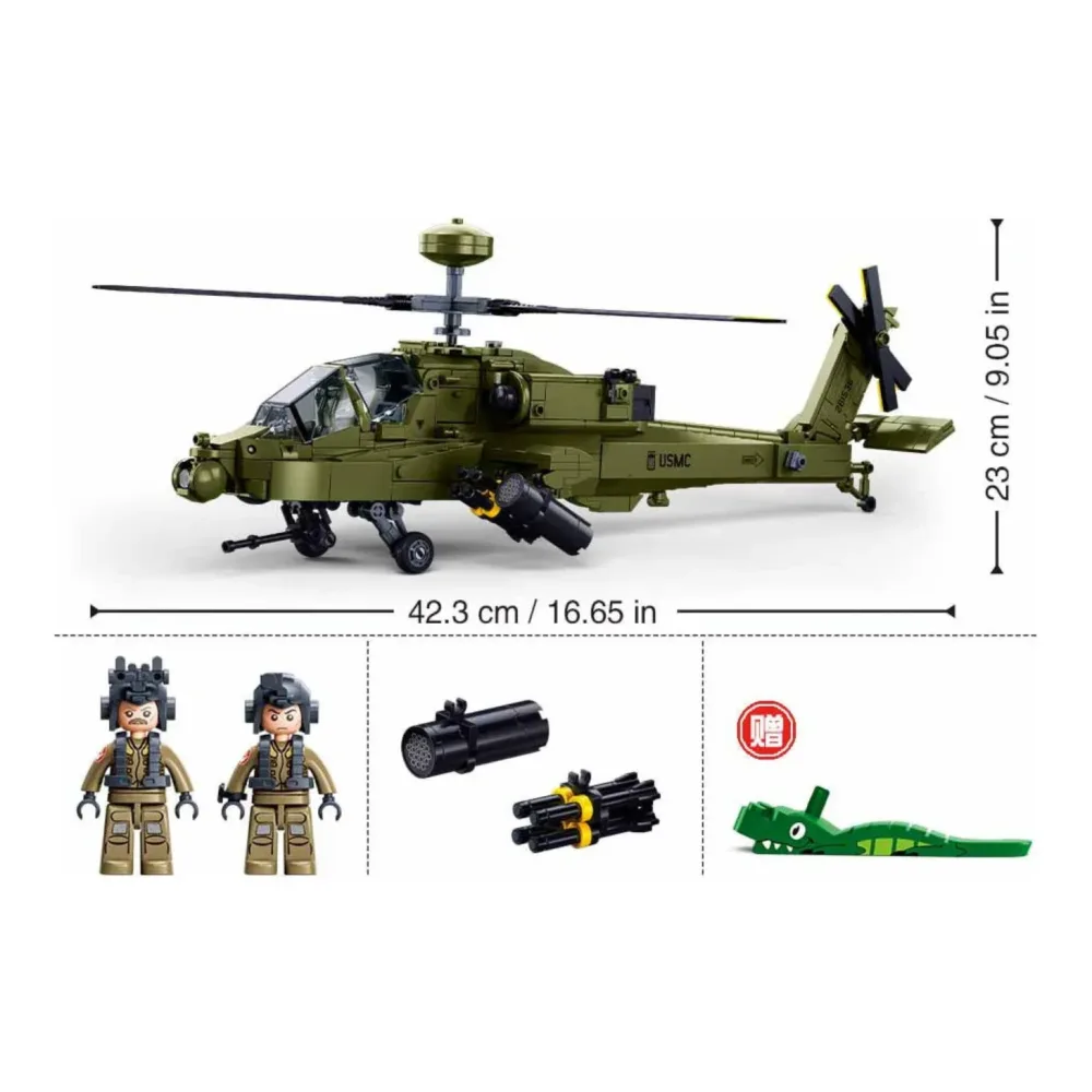 Sluban B1536 Model Kit 1:44 AH-64D Apache Attack Helicopter Chopper Gunship Army