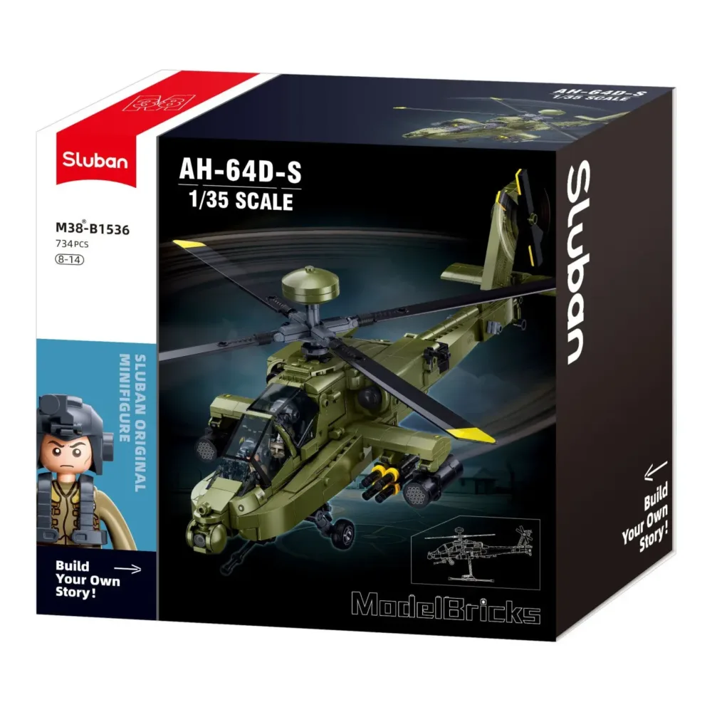 Sluban B1536 Model Kit 1:44 AH-64D Apache Attack Helicopter Chopper Gunship Army