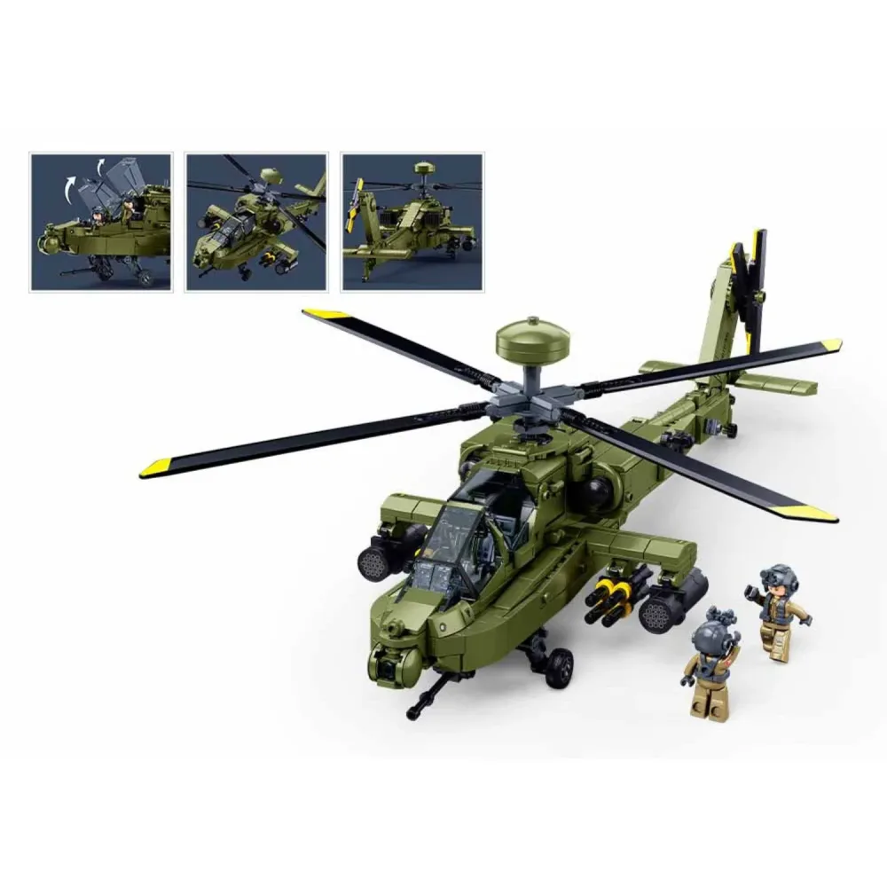 Sluban B1536 Model Kit 1:44 AH-64D Apache Attack Helicopter Chopper Gunship Army