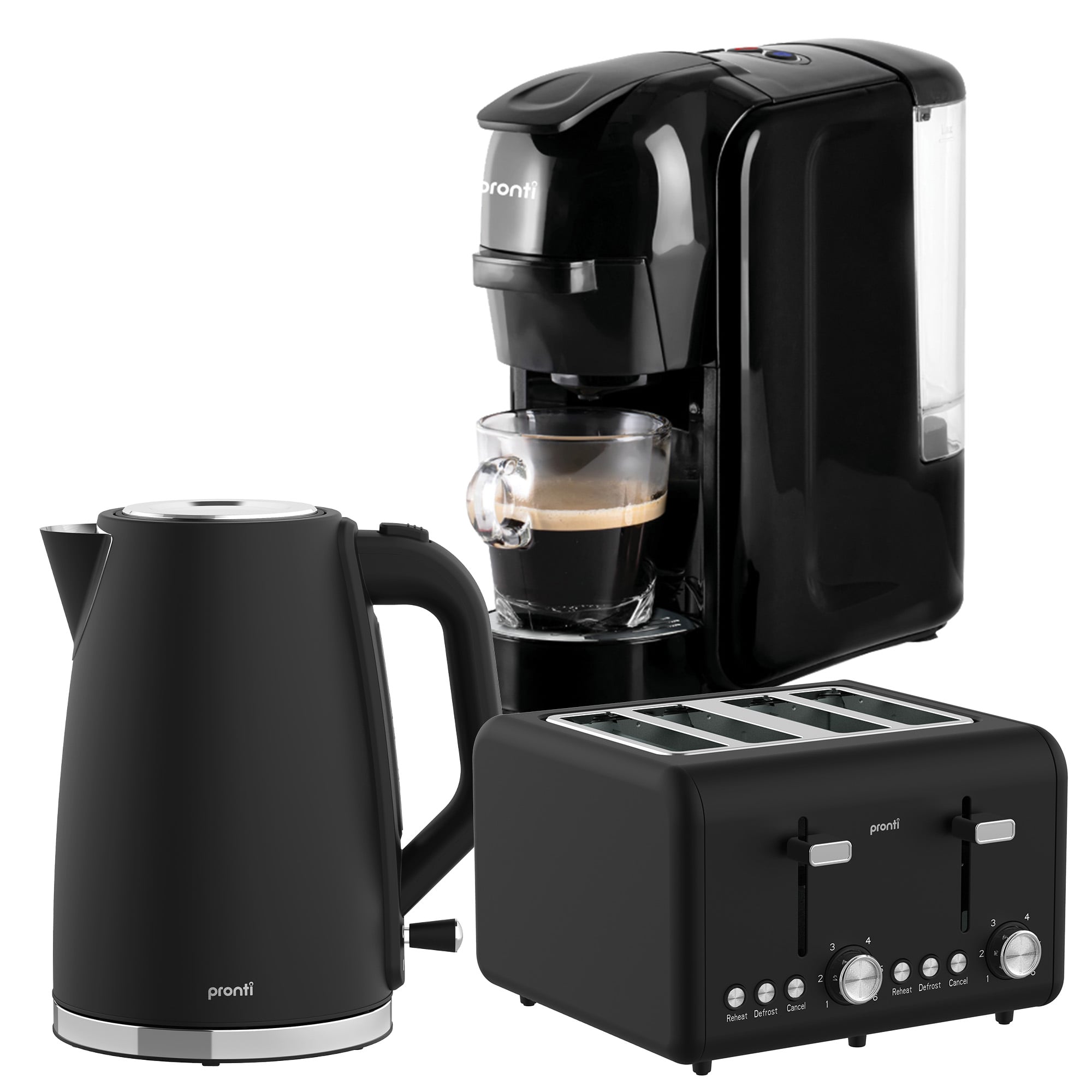 Pronti Breakfast Set with HomeMaid Coffee Machine, Silver Noir Toaster & Kettle