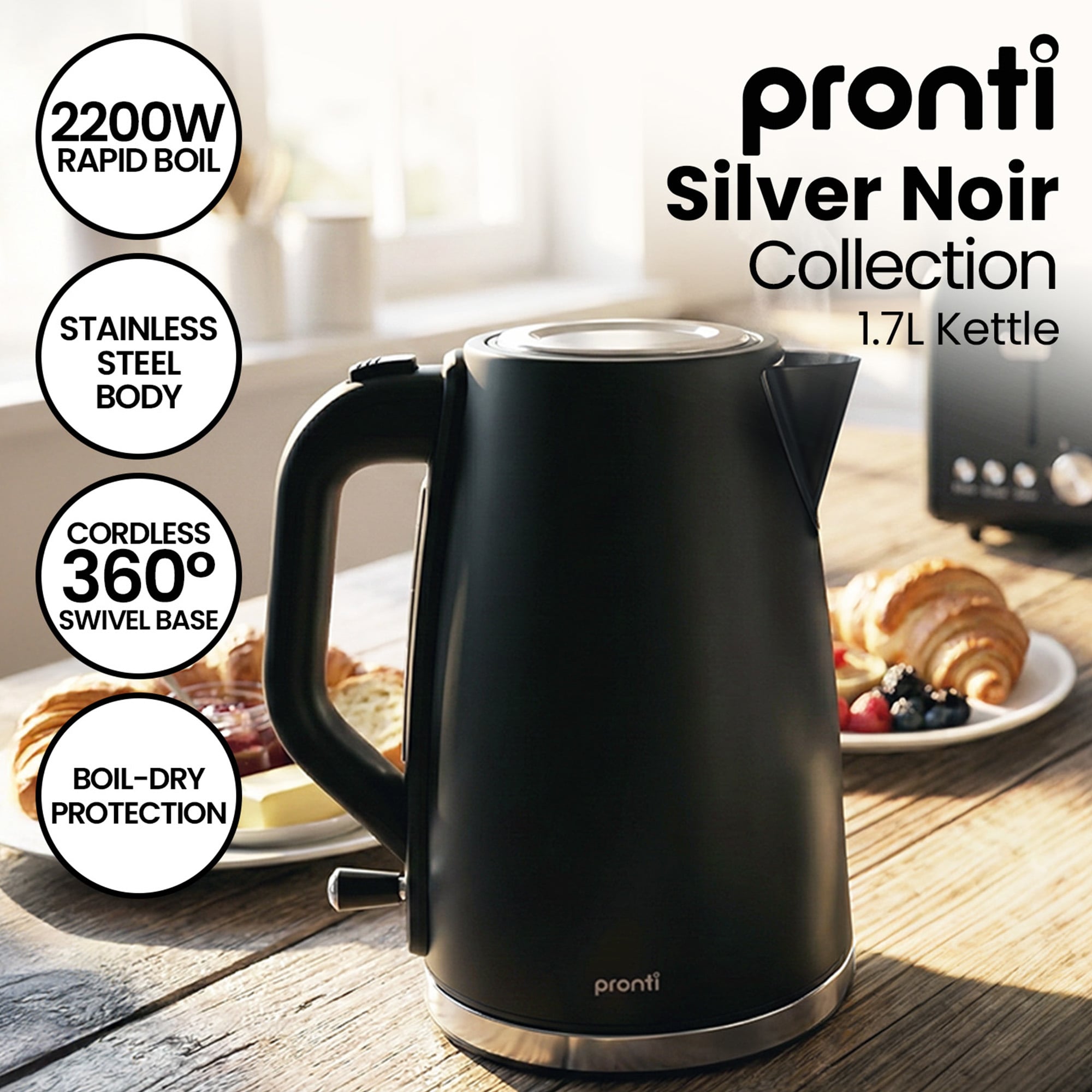 Pronti Breakfast Set with 1.25L Coffee Machine, Silver Noir Toaster & Kettle