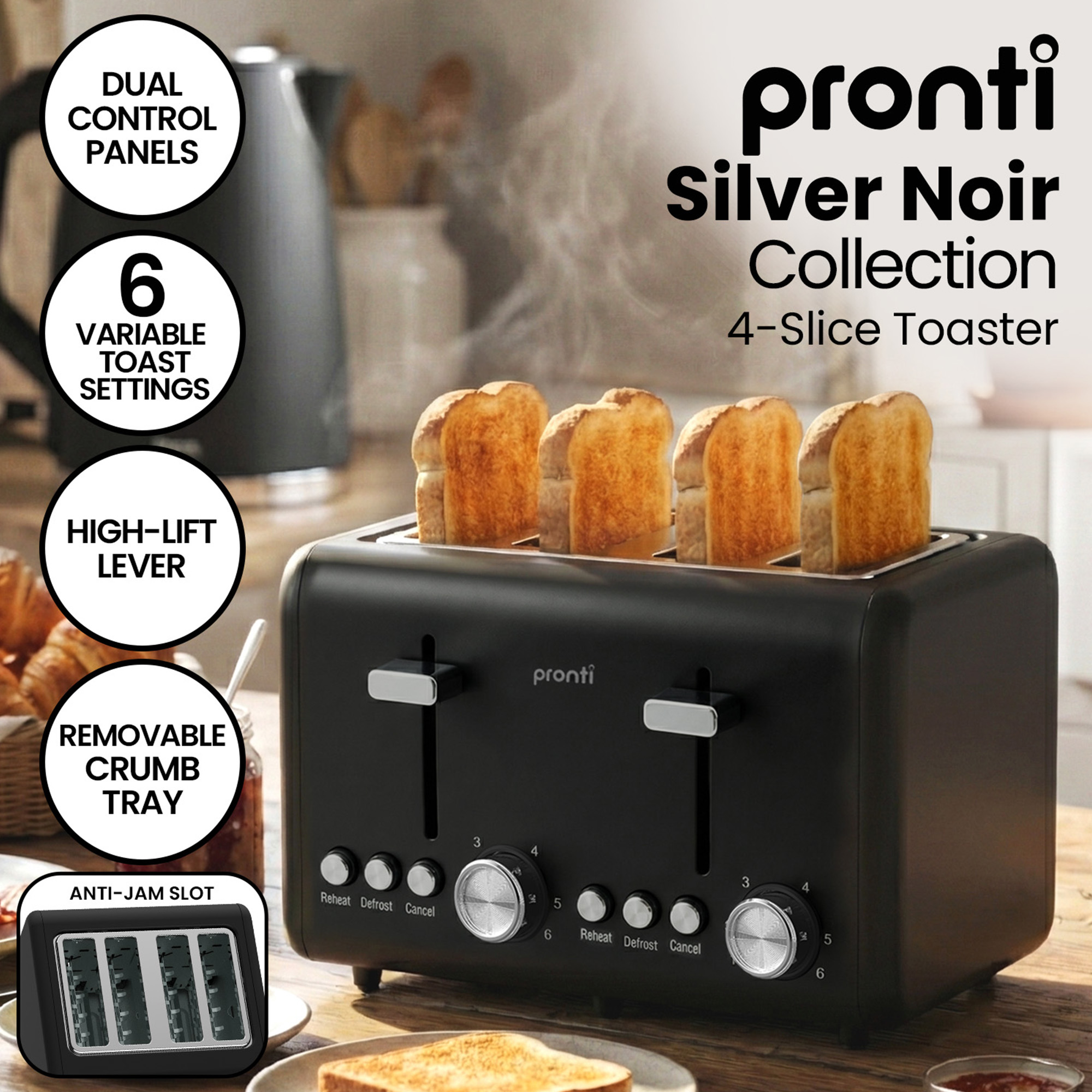 Pronti Breakfast Set with 1.25L Coffee Machine, Silver Noir Toaster & Kettle