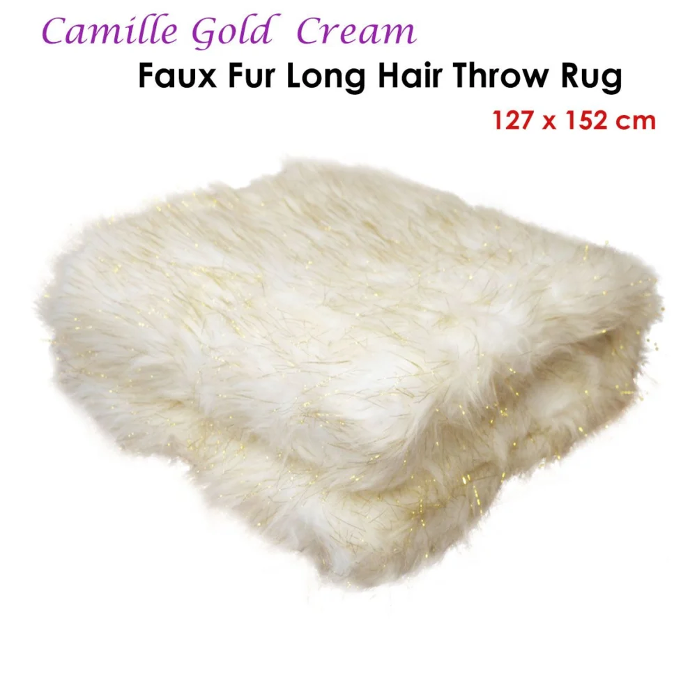 Camille Gold Cream Faux Fur Throw Rug 127 x 152 cm