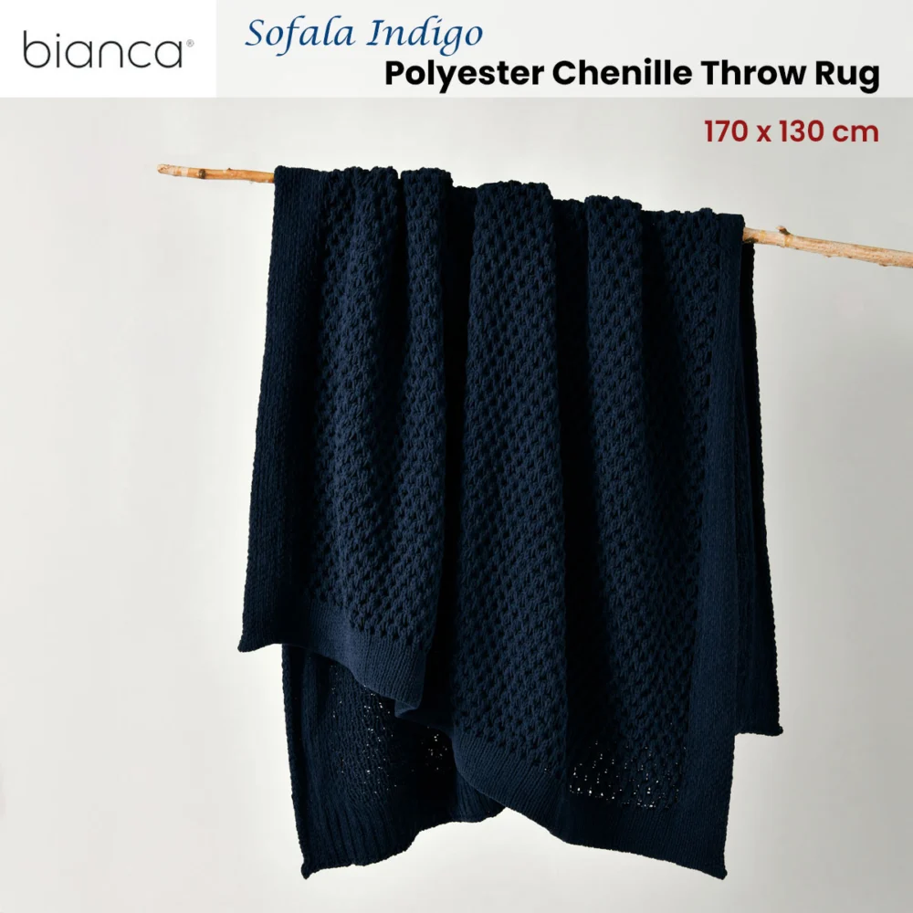 Bianca Sofala Indigo Polyester Chenille Throw Rug 130 x 170 cm