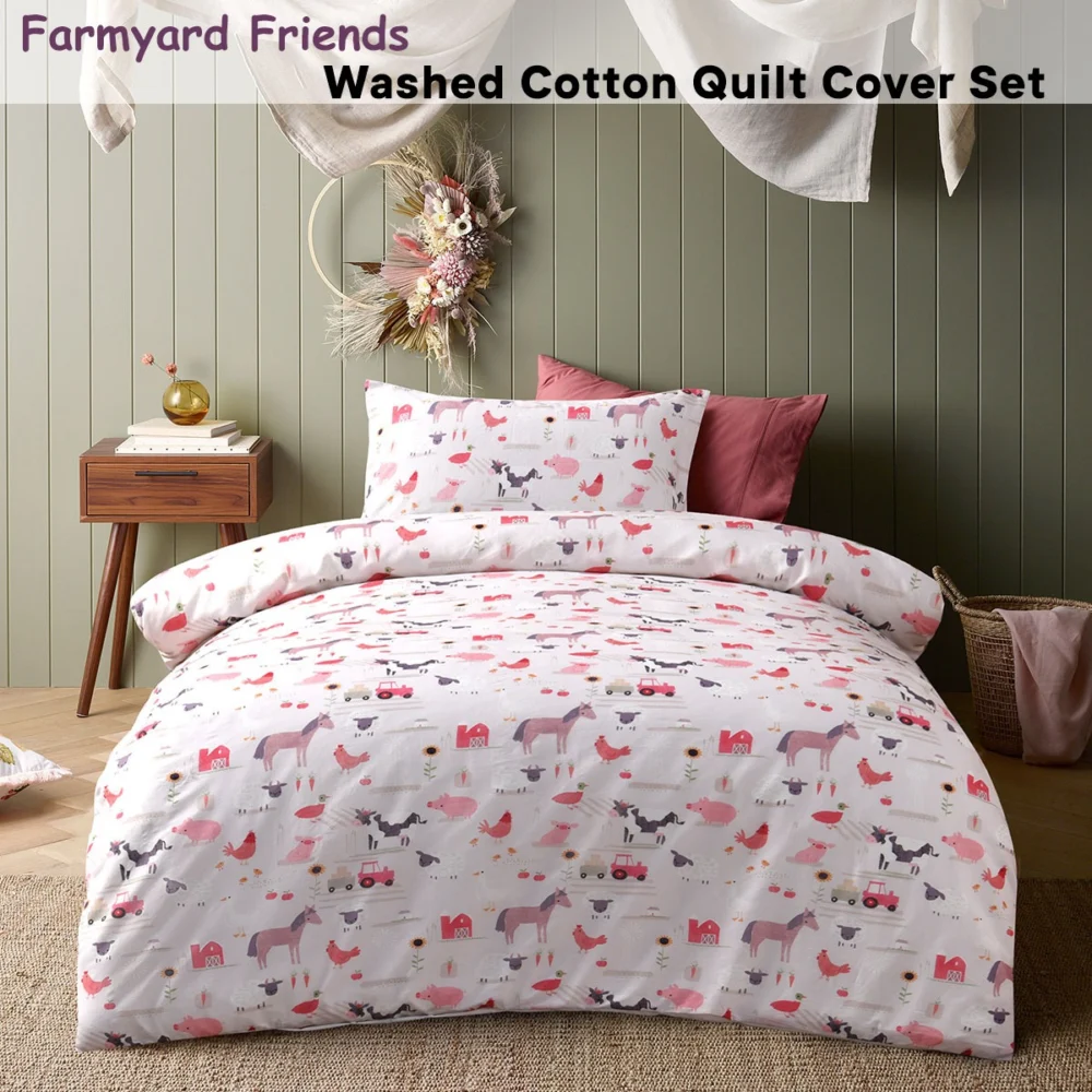 Happy Kids Farmyard Friends Washed Quilt Cover Set Single