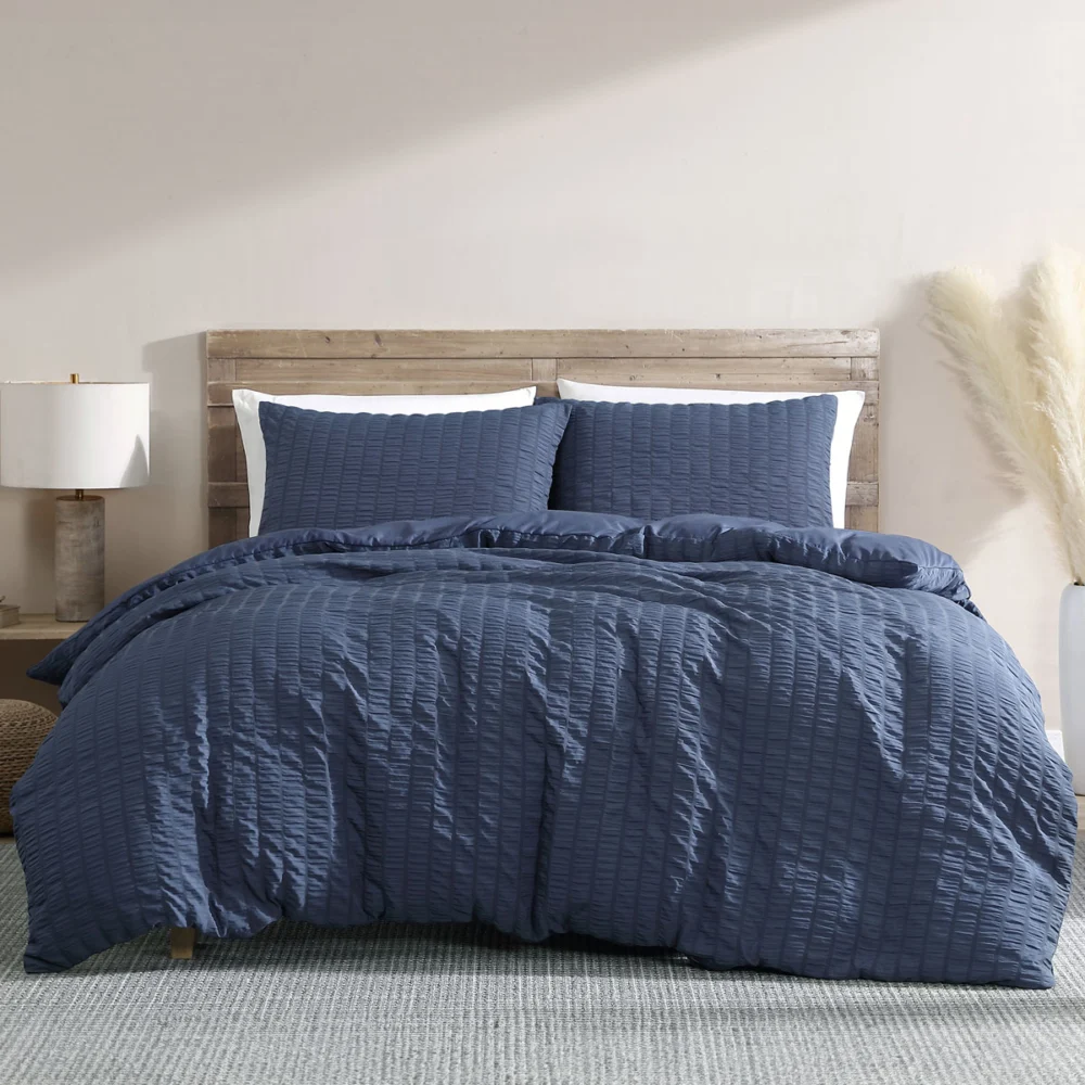 Ardor Byron Navy Seersucker Quilt Cover Set Queen