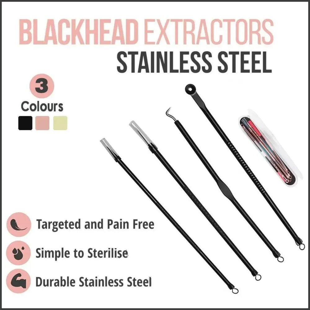 Stainless Steel Blackhead Remover Tools Set w/ Pimple Extractors 4 pc - Black