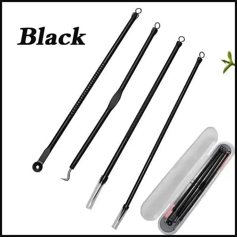 Stainless Steel Blackhead Remover Tools Set w/ Pimple Extractors 4 pc - Black