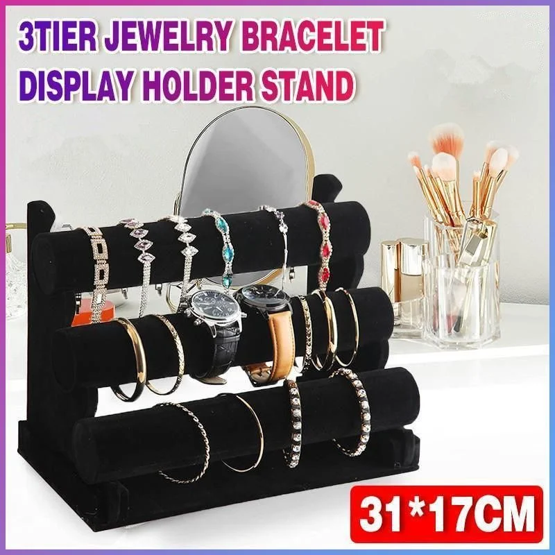 3 Tier Velvet Jewelry Display Stand Bracelet Watch Holder Rack for Countertop