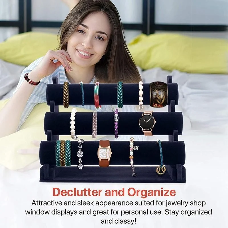 3 Tier Velvet Jewelry Display Stand Bracelet Watch Holder Rack for Countertop