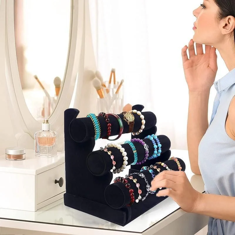 3 Tier Velvet Jewelry Display Stand Bracelet Watch Holder Rack for Countertop