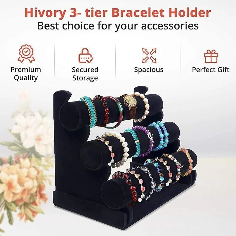 3 Tier Velvet Jewelry Display Stand Bracelet Watch Holder Rack for Countertop
