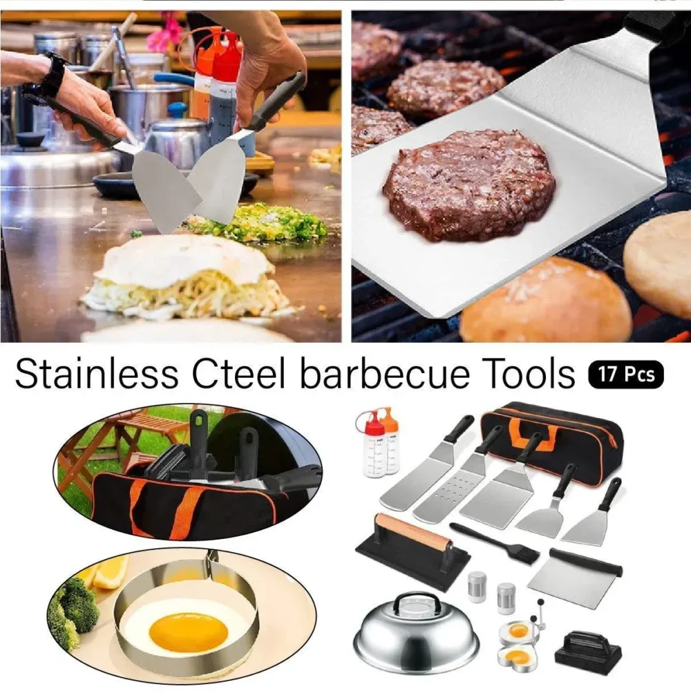 17 Piece BBQ Grill Tools Set Outdoor Barbecue Spatula Shovel Stainless Steel Kit