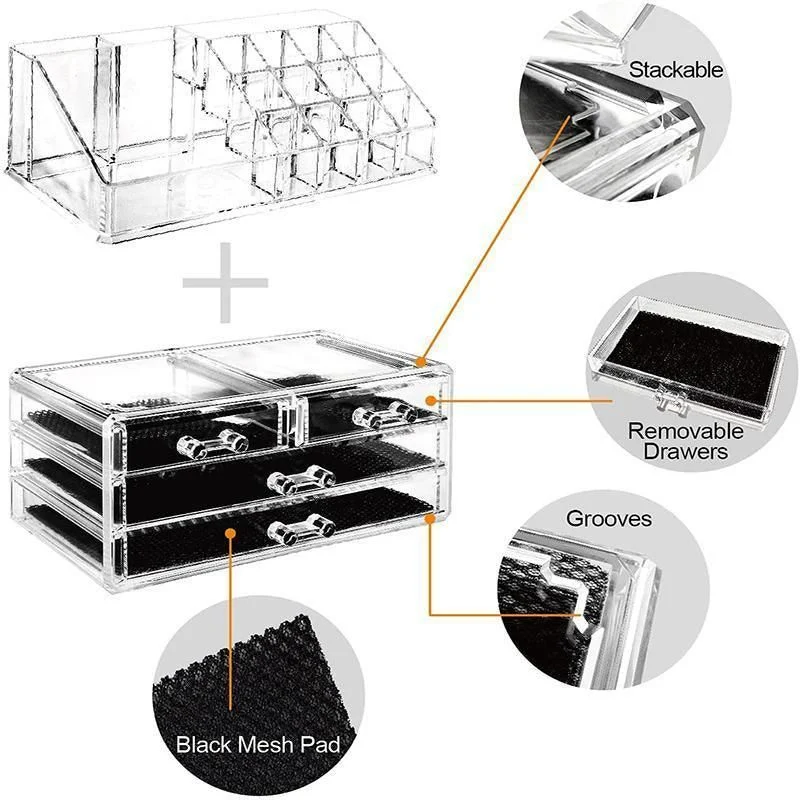 Holder Cosmetic Makeup Organiser 4 Drawer Storage Jewellery Box Clear Acrylic