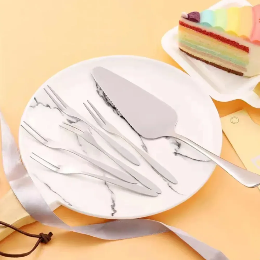 Stainless Steel Cake Knife Fork Plate Set With Candles For Party Dessert Serving