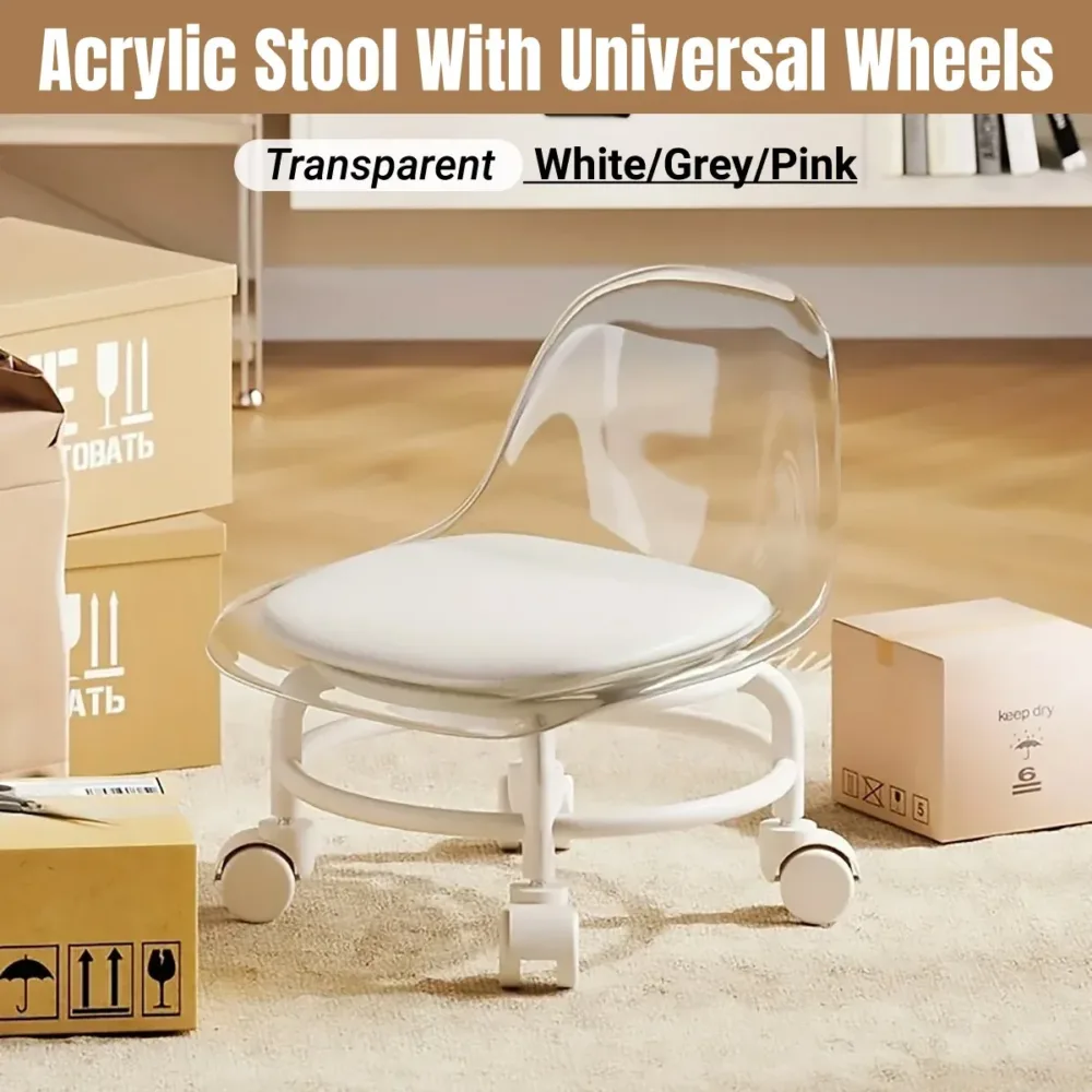 Stool w/ Universal Wheels Pulley Short Stool w/ Backrest Comfortable Seat