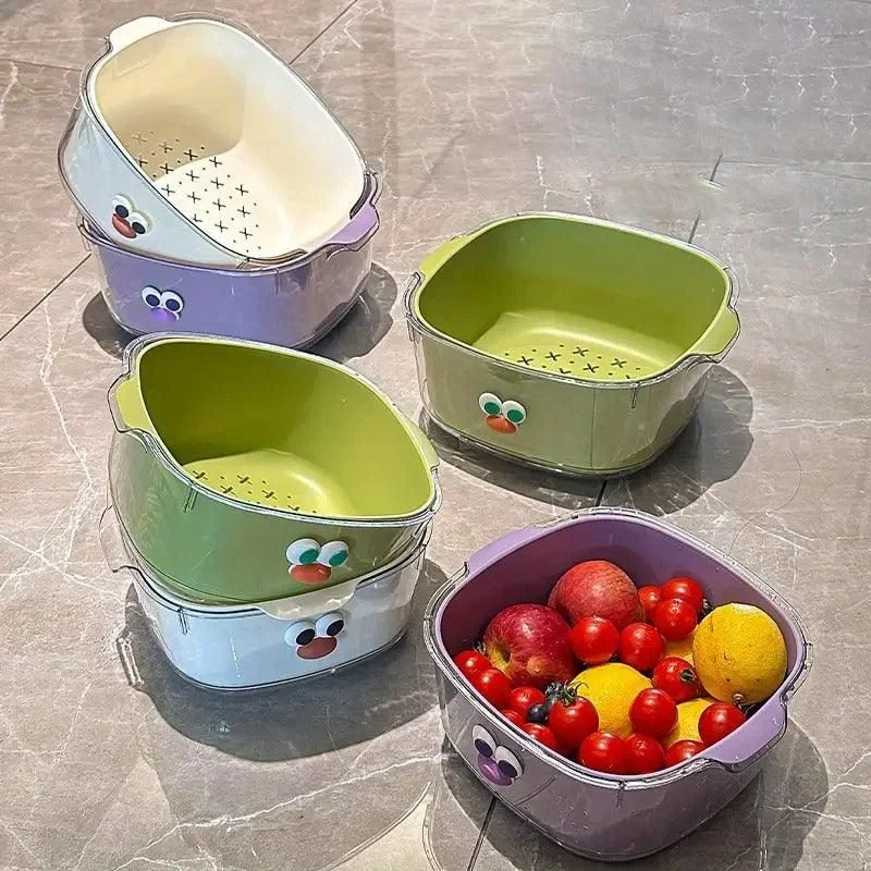 2 in 1 Cute Double Draining Fruit Basket Dishwashing Colander for Household
