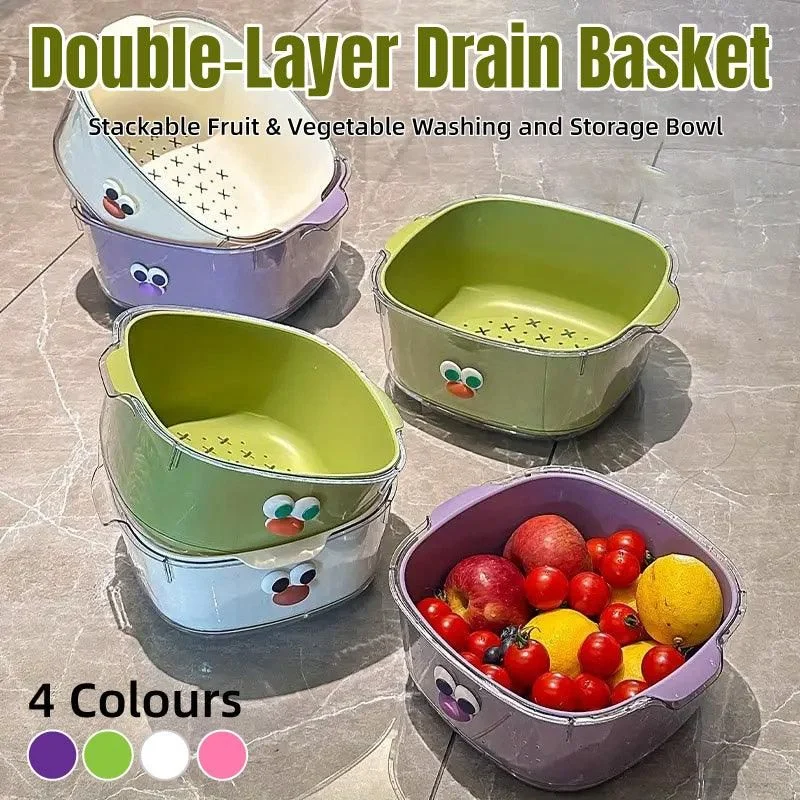 2 in 1 Cute Double Draining Fruit Basket Dishwashing Colander for Household
