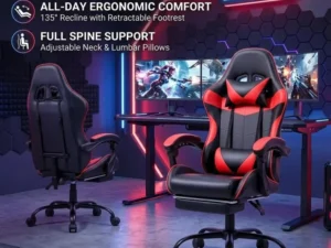 Black and Red Gaming Chair with Footrest and Lumbar Support
