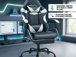 Black and White Gaming Chair with Footrest and Lumbar Support