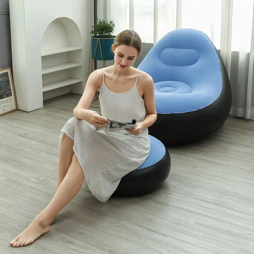 Inflatable Folding Lazy Sofa Chair PVC Air Recliner w/ Pump Backrest Seat Bed