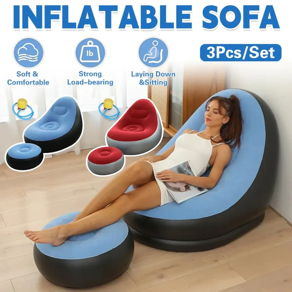 Inflatable Folding Lazy Sofa Chair PVC Air Recliner w/ Pump Backrest Seat Bed