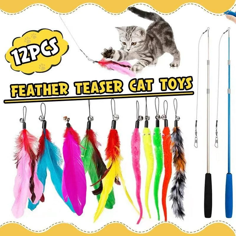 12PCS Cat Feather Teaser Wand Set Interactive Toy for Kittens and Cats Gift