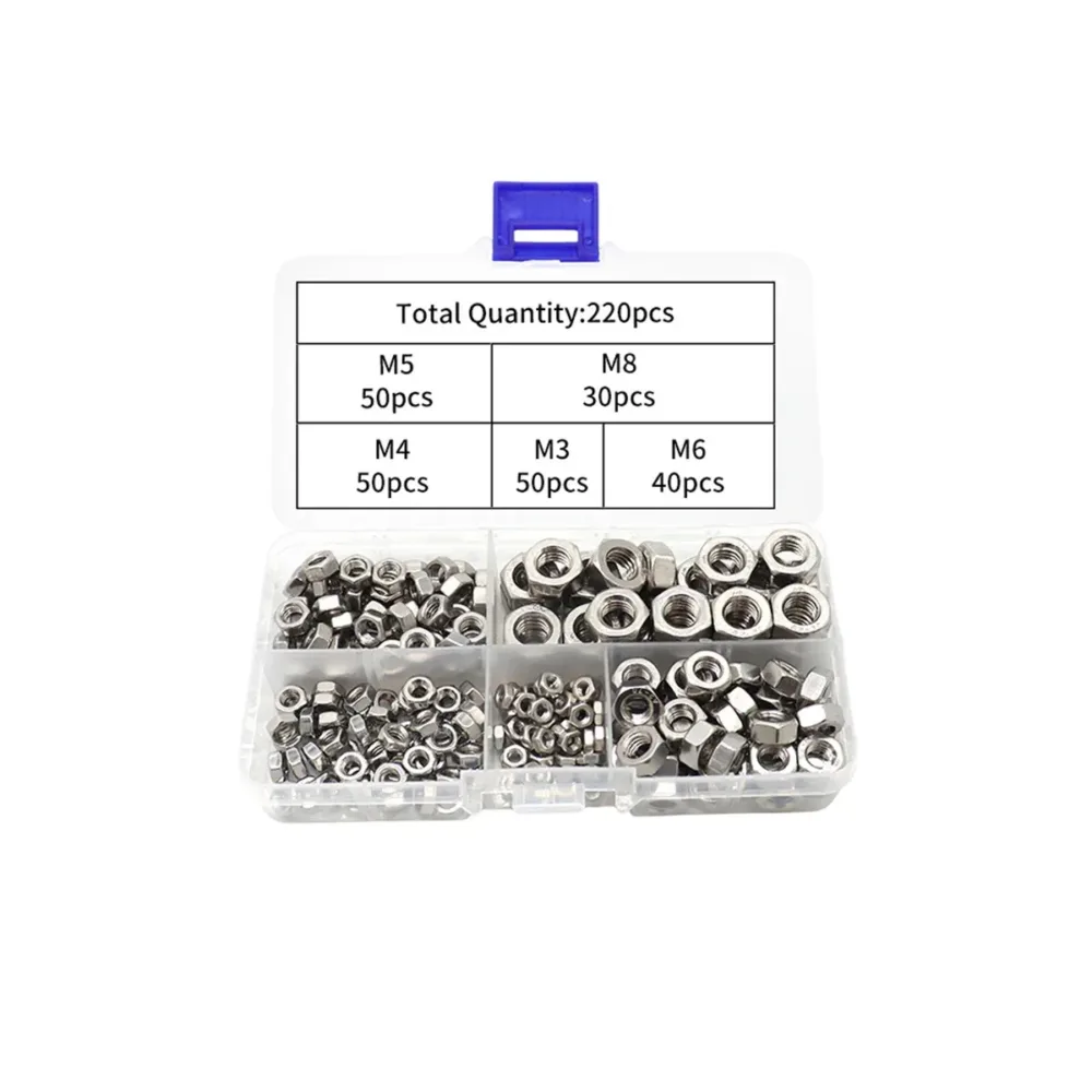 Stainless Steel Nuts 220pcs Nut Sets Hardware Fasteners Assortment Kit Nuts