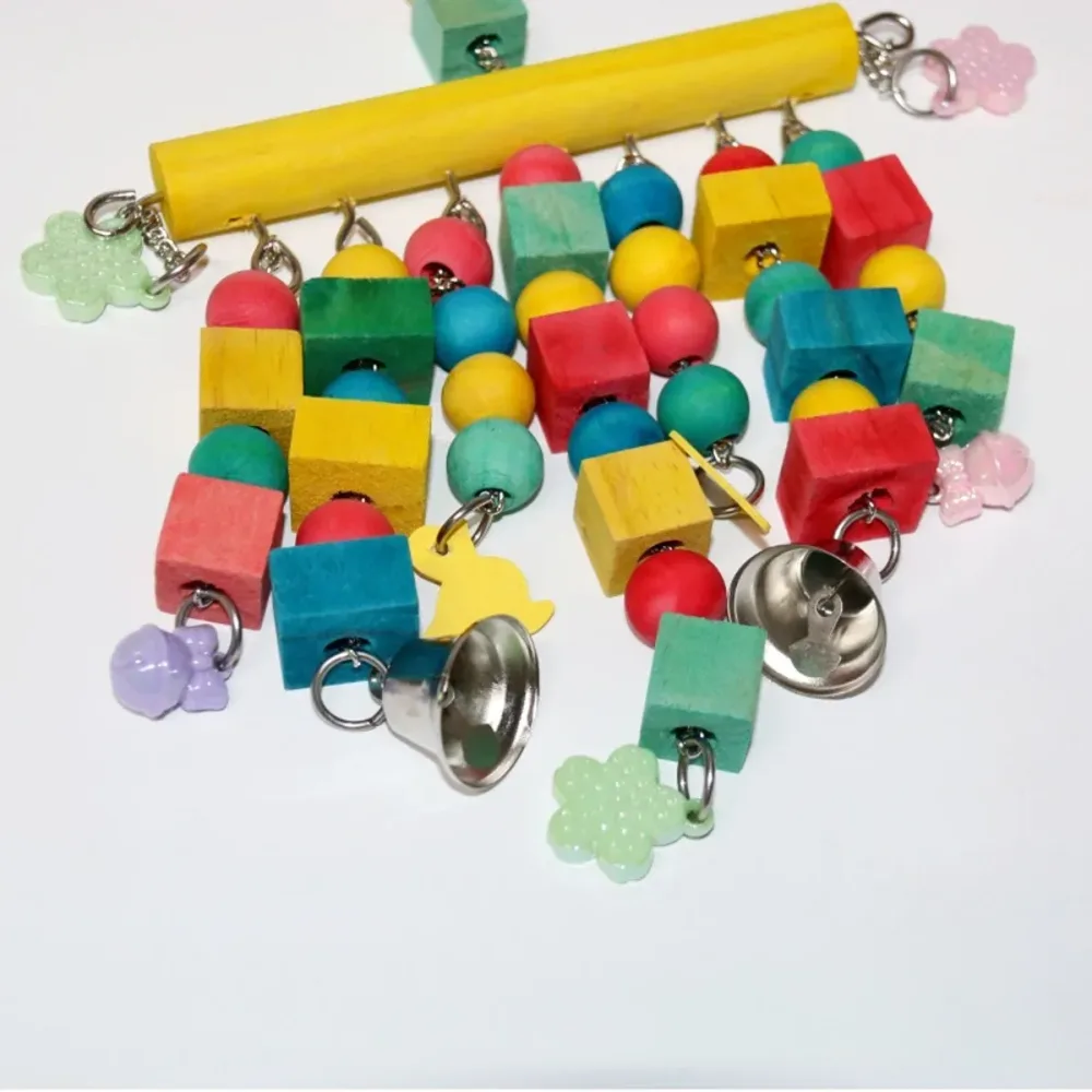 Nordic Woven Parrot Toy with Wooden Blocks Hanging Bird Cage Pendant