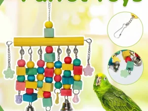 Nordic Woven Parrot Toy with Wooden Blocks Hanging Bird Cage Pendant