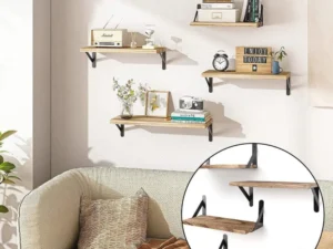 4 Wall-Mounted Wood Shelves with Black Metal Brackets