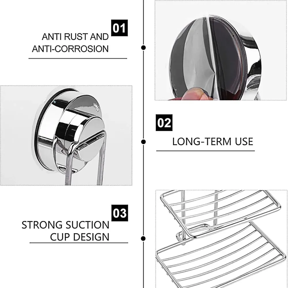 Shower Bar Holder Suction Basket Wall Mounted Stainless Steel Bathroom Soap Dish