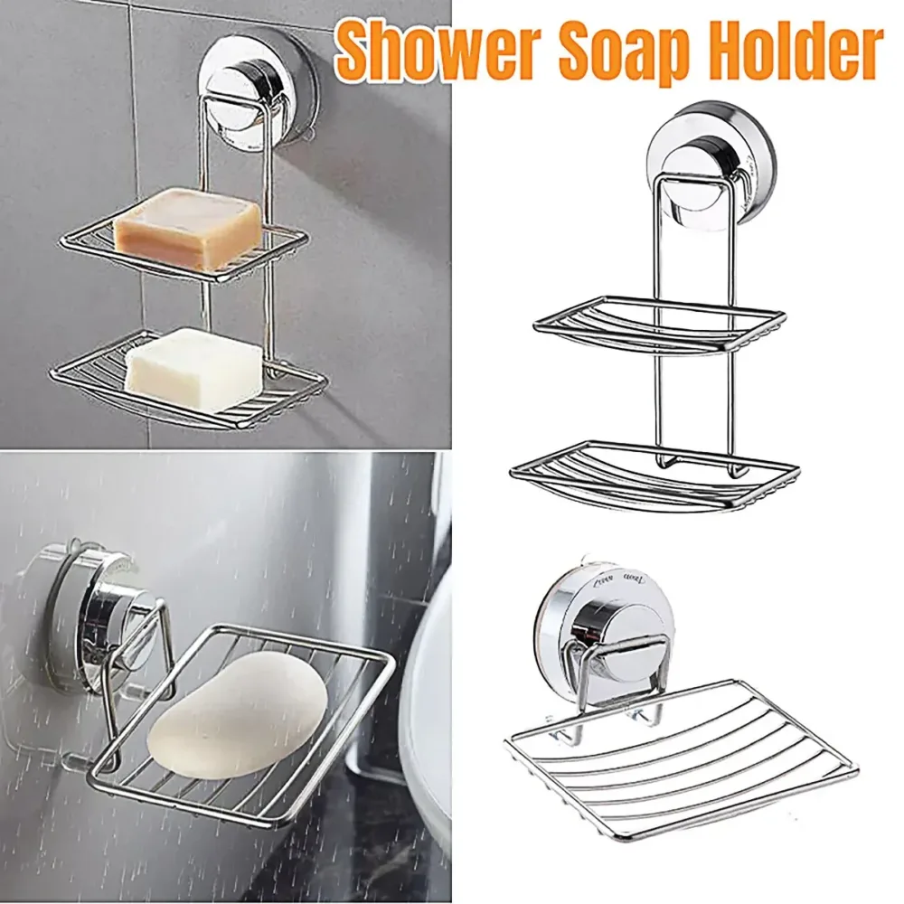 Shower Bar Holder Suction Basket Wall Mounted Stainless Steel Bathroom Soap Dish