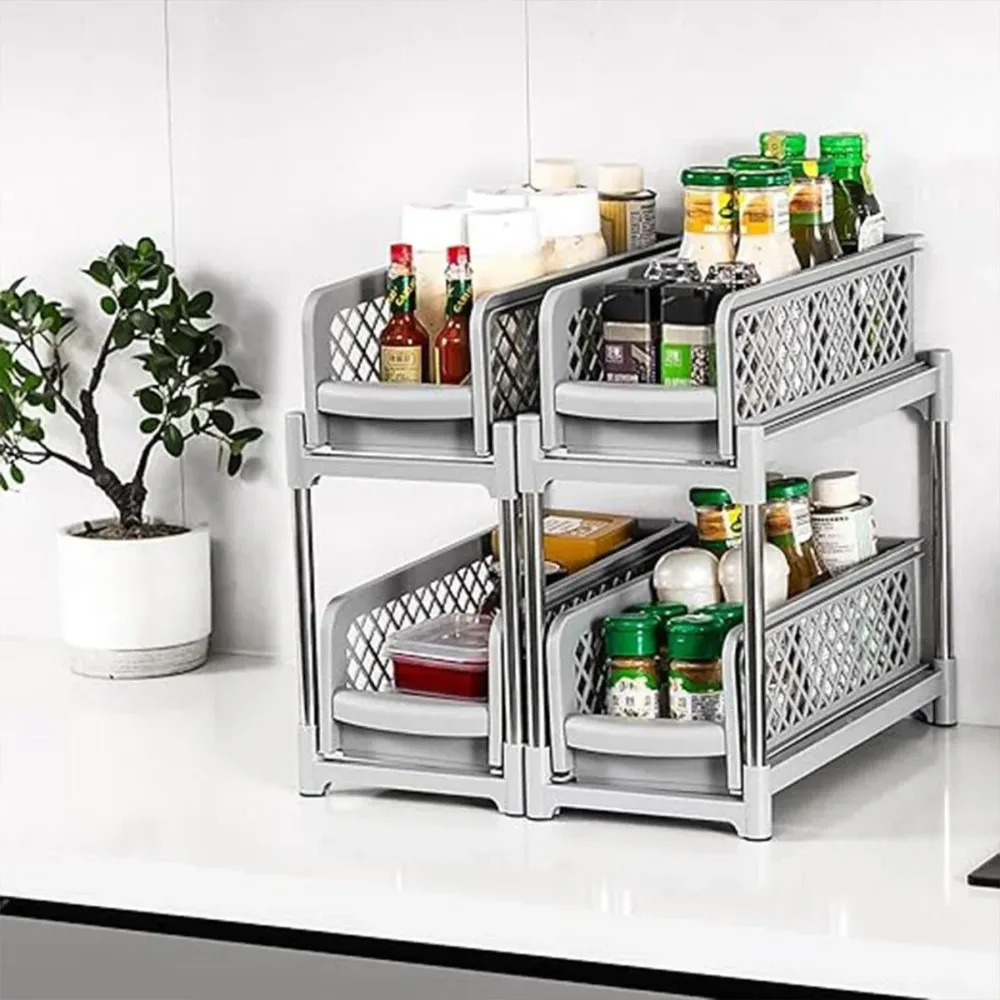 Bathroom Kitchen Sink Storage Rack Drawer Plastic Shelf Seasoning Holder - Grey